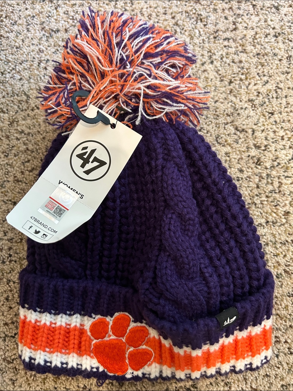 47 Clemson Purple Pom Pom Beanie with Orange Paw
